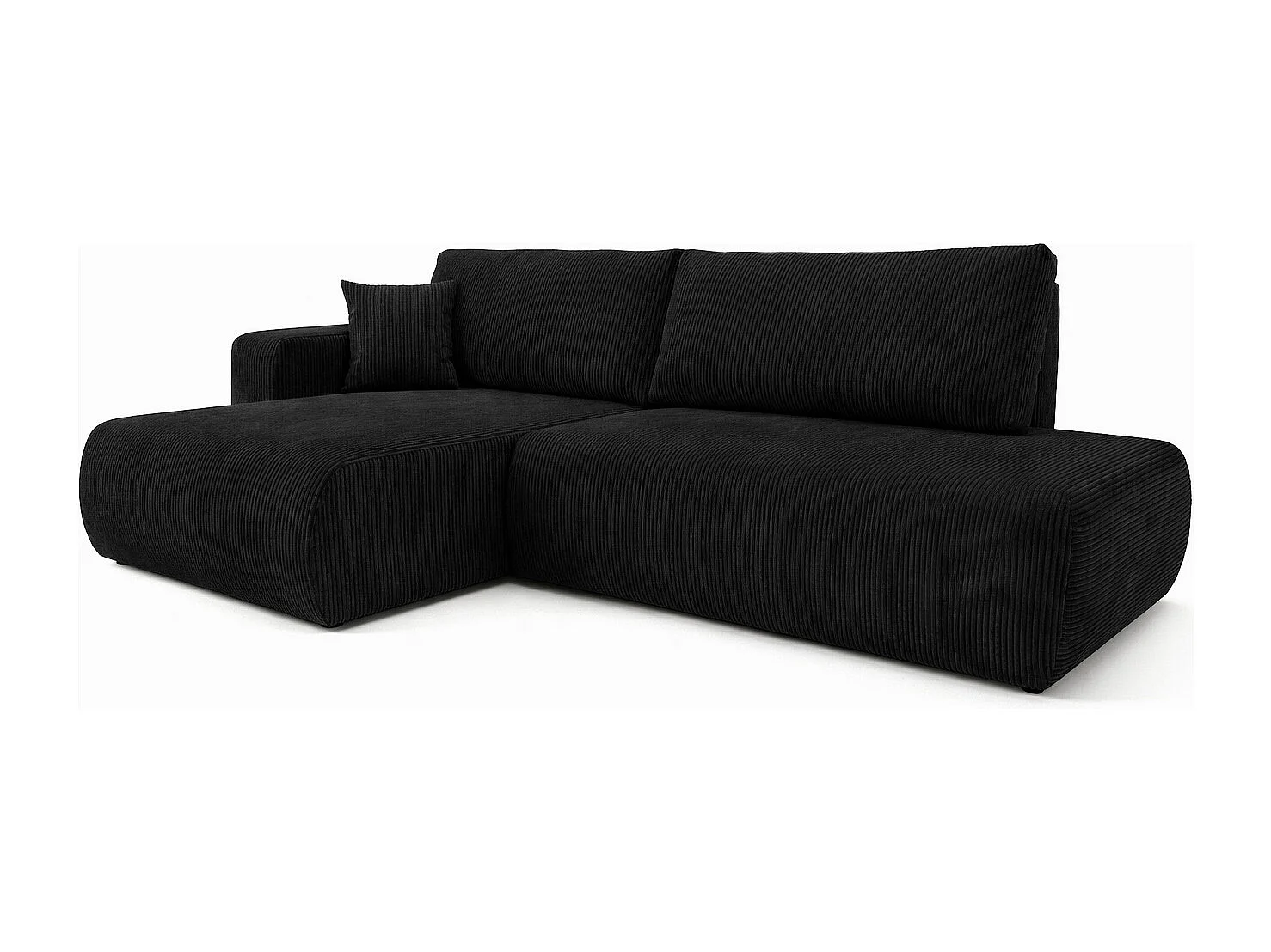 Canapé d’angle avec fonction couchage et coffre de rangement, tissu en velours côtelé Poso, Noir, Gauche, OPEN XL