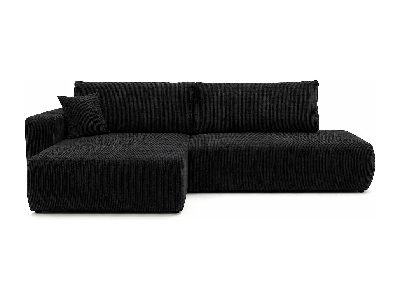Canapé d’angle avec fonction couchage et coffre de rangement, tissu en velours côtelé Poso, Noir, Gauche, OPEN XL