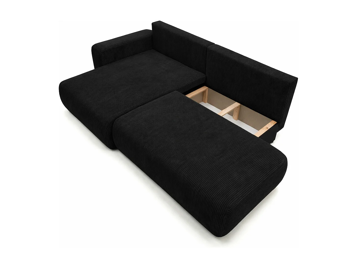 Canapé d’angle avec fonction couchage et coffre de rangement, tissu en velours côtelé Poso, Noir, Gauche, OPEN XL