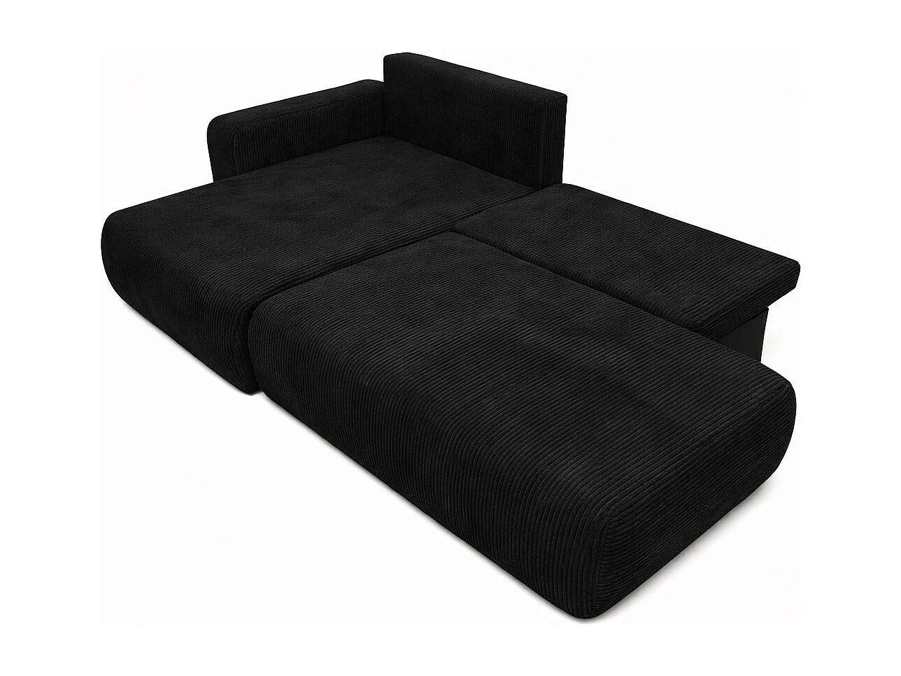 Canapé d’angle avec fonction couchage et coffre de rangement, tissu en velours côtelé Poso, Noir, Gauche, OPEN XL