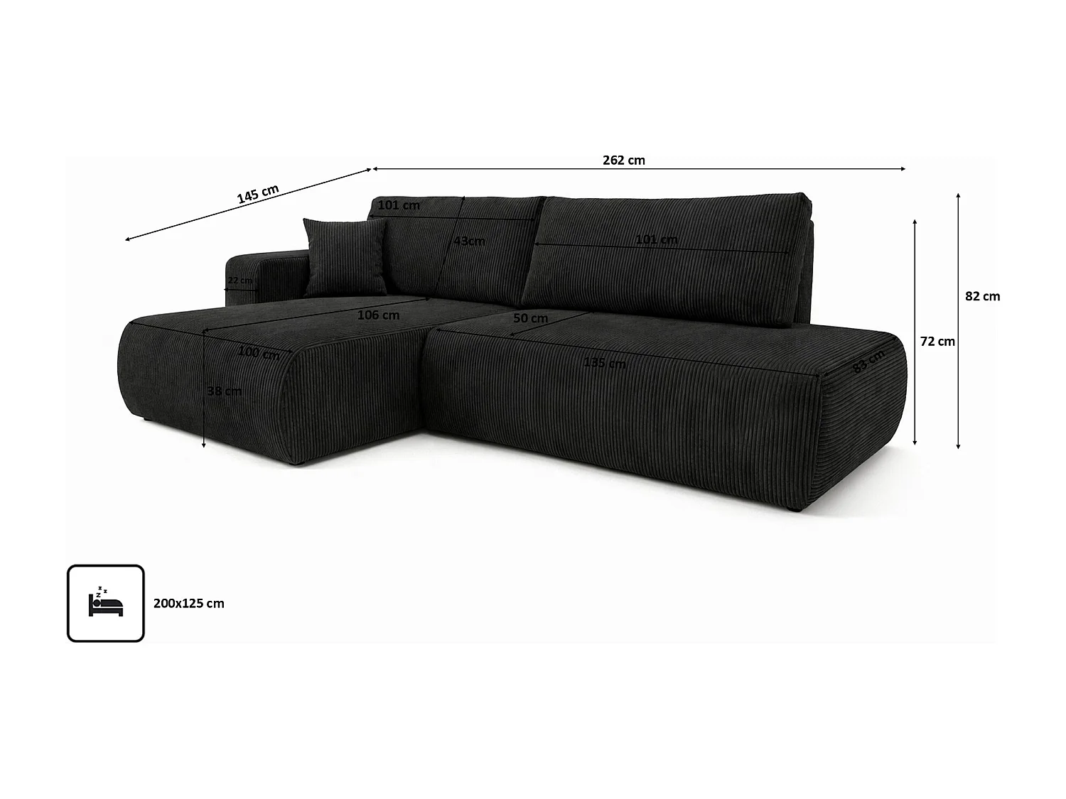 Canapé d’angle avec fonction couchage et coffre de rangement, tissu en velours côtelé Poso, Noir, Gauche, OPEN XL