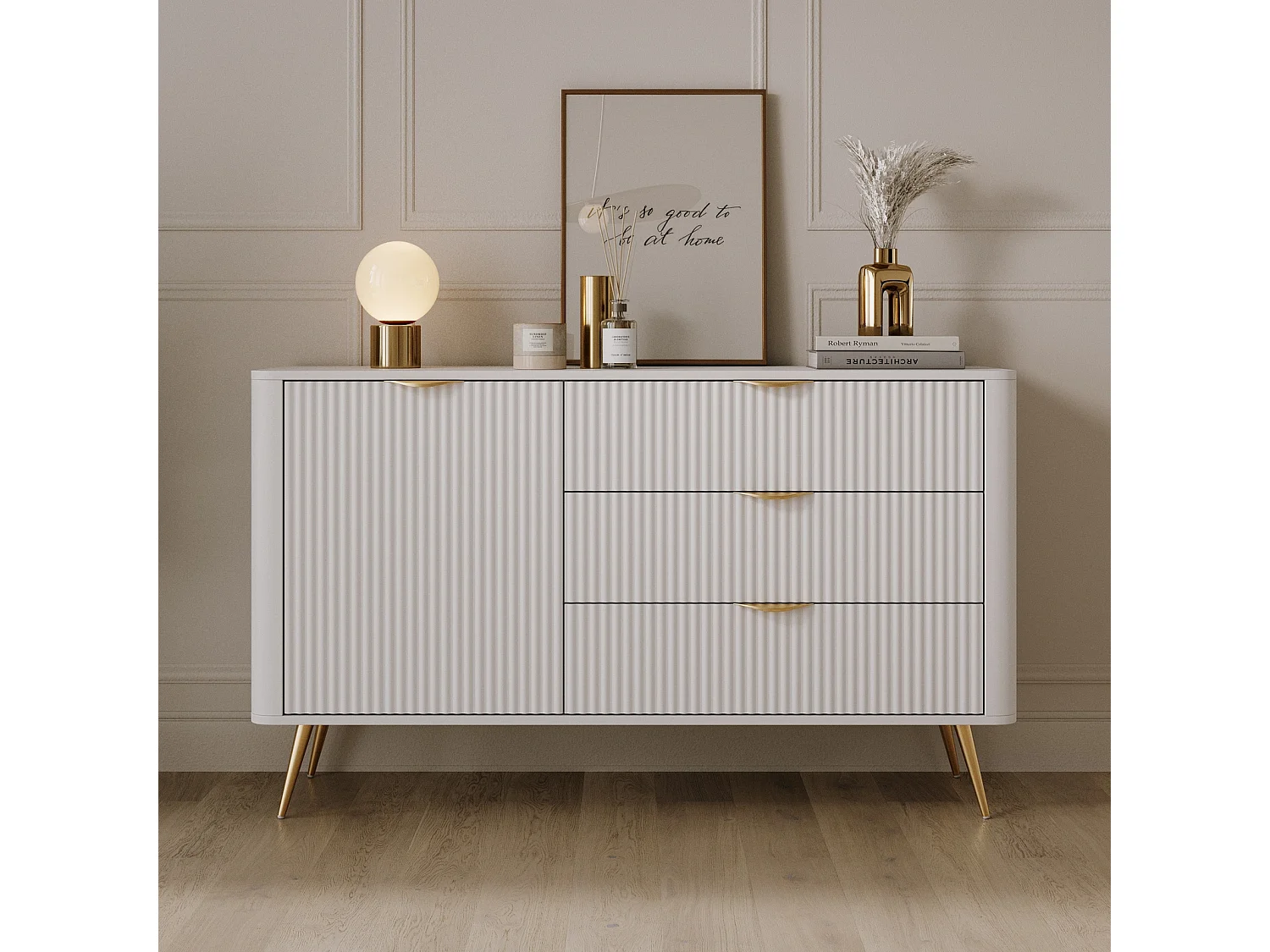 Sideboard Kommode Flore 1 Tür und 3 Schubladen mit geriffelten Fronten - Weiß und Gold - 138 cm