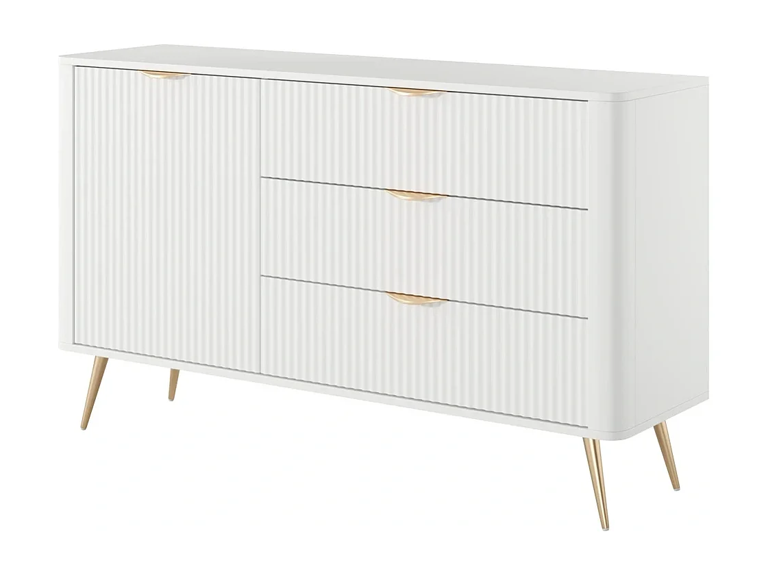 Sideboard Kommode Flore 1 Tür und 3 Schubladen mit geriffelten Fronten - Weiß und Gold - 138 cm