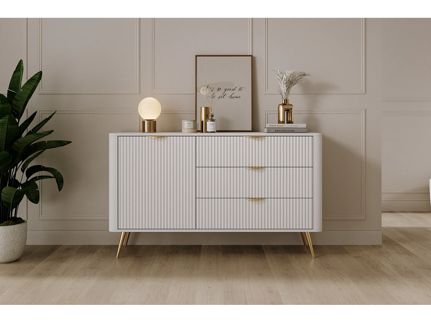 Sideboard Kommode Flore 1 Tür und 3 Schubladen mit geriffelten Fronten - Weiß und Gold - 138 cm