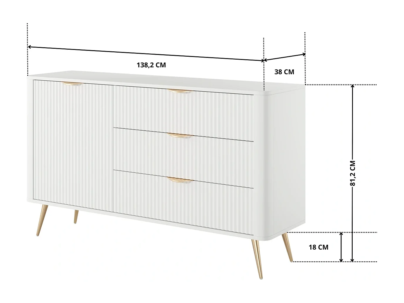 Sideboard Kommode Flore 1 Tür und 3 Schubladen mit geriffelten Fronten - Weiß und Gold - 138 cm
