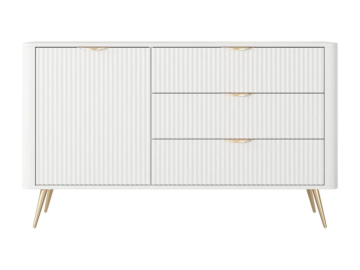 Sideboard Kommode Flore 1 Tür und 3 Schubladen mit geriffelten Fronten - Weiß und Gold - 138 cm