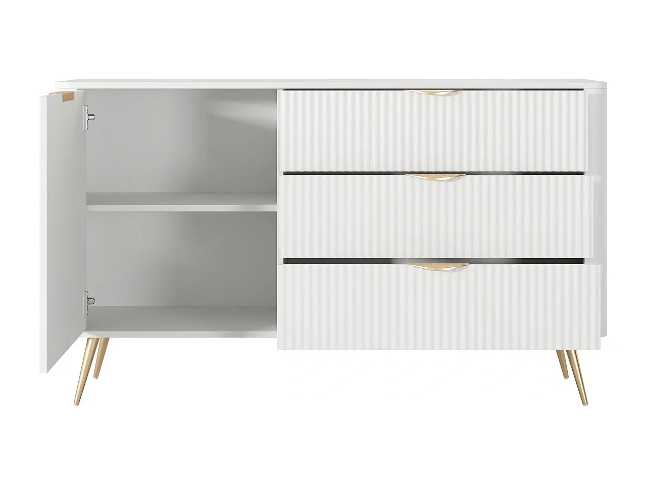 Sideboard Kommode Flore 1 Tür und 3 Schubladen mit geriffelten Fronten - Weiß und Gold - 138 cm