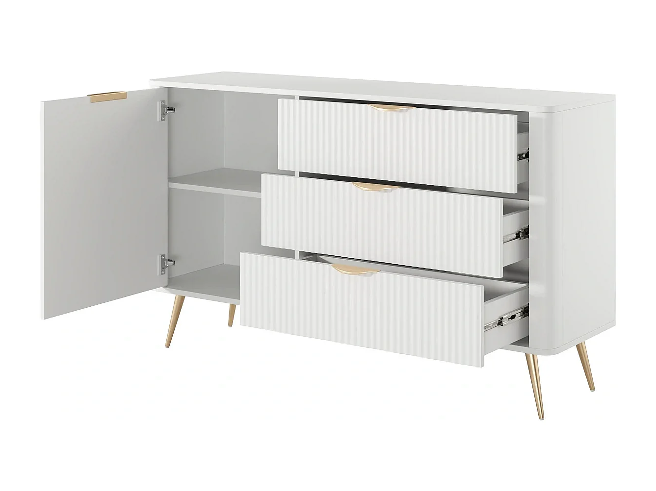 Sideboard Kommode Flore 1 Tür und 3 Schubladen mit geriffelten Fronten - Weiß und Gold - 138 cm