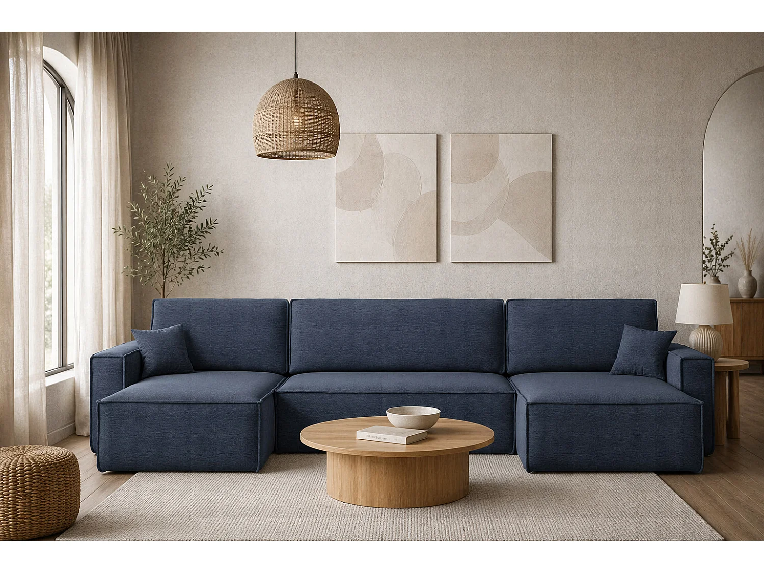 Canapé d’angle en U avec fonction couchage et coffre de rangement, tissu Verita, Bleu marine, BEST U XL