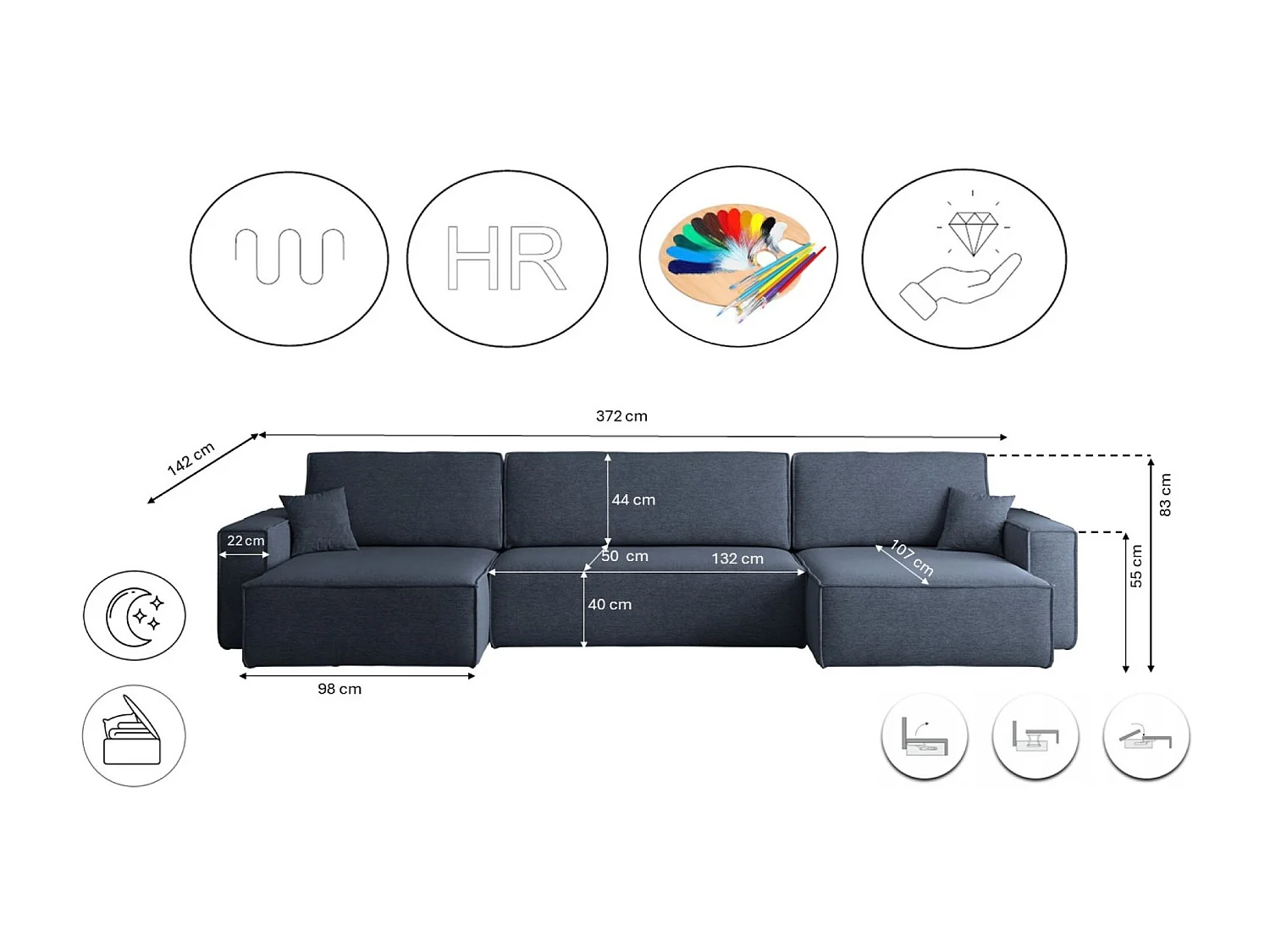 Canapé d’angle en U avec fonction couchage et coffre de rangement, tissu Verita, Bleu marine, BEST U XL