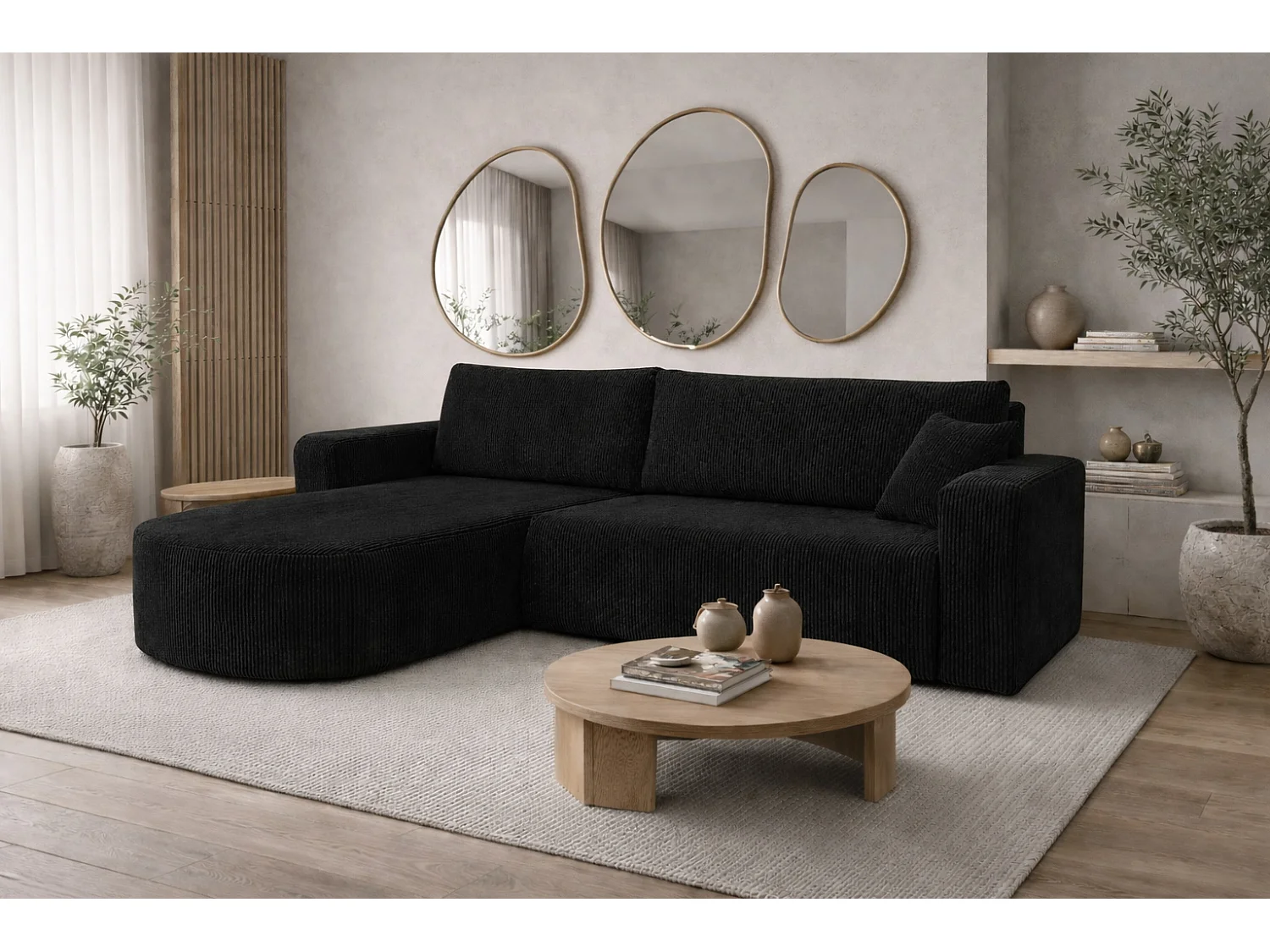 Canapé d’angle avec fonction couchage, tissu en velours côtelé Poso, Noir, Gauche, ROUND ONE XL