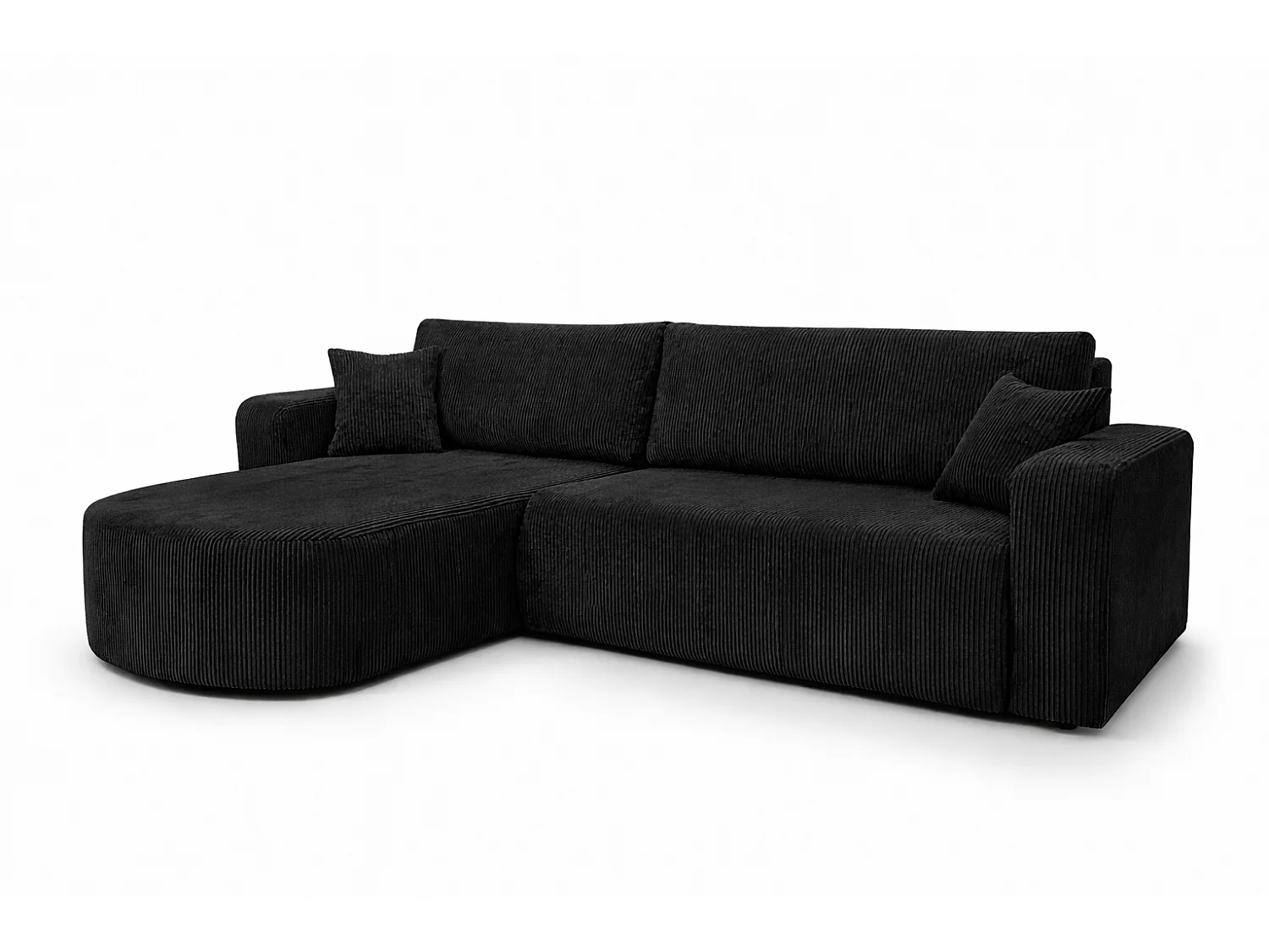 Canapé d’angle avec fonction couchage, tissu en velours côtelé Poso, Noir, Gauche, ROUND ONE XL