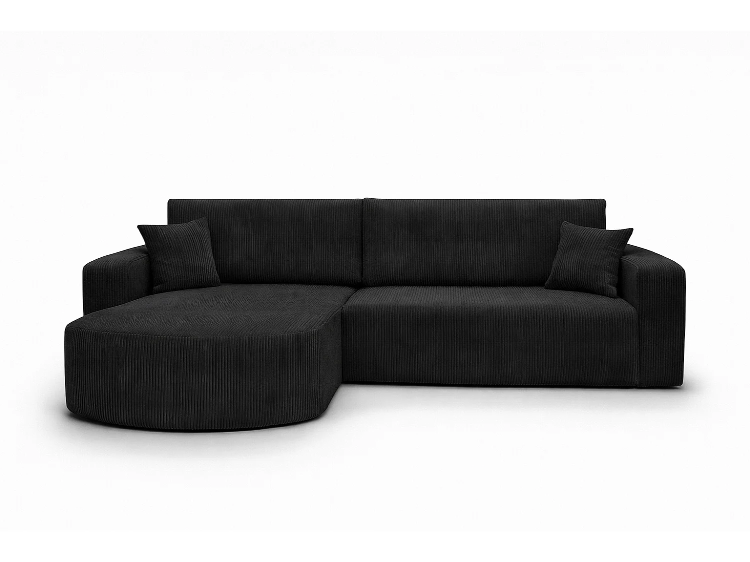 Canapé d’angle avec fonction couchage, tissu en velours côtelé Poso, Noir, Gauche, ROUND ONE XL