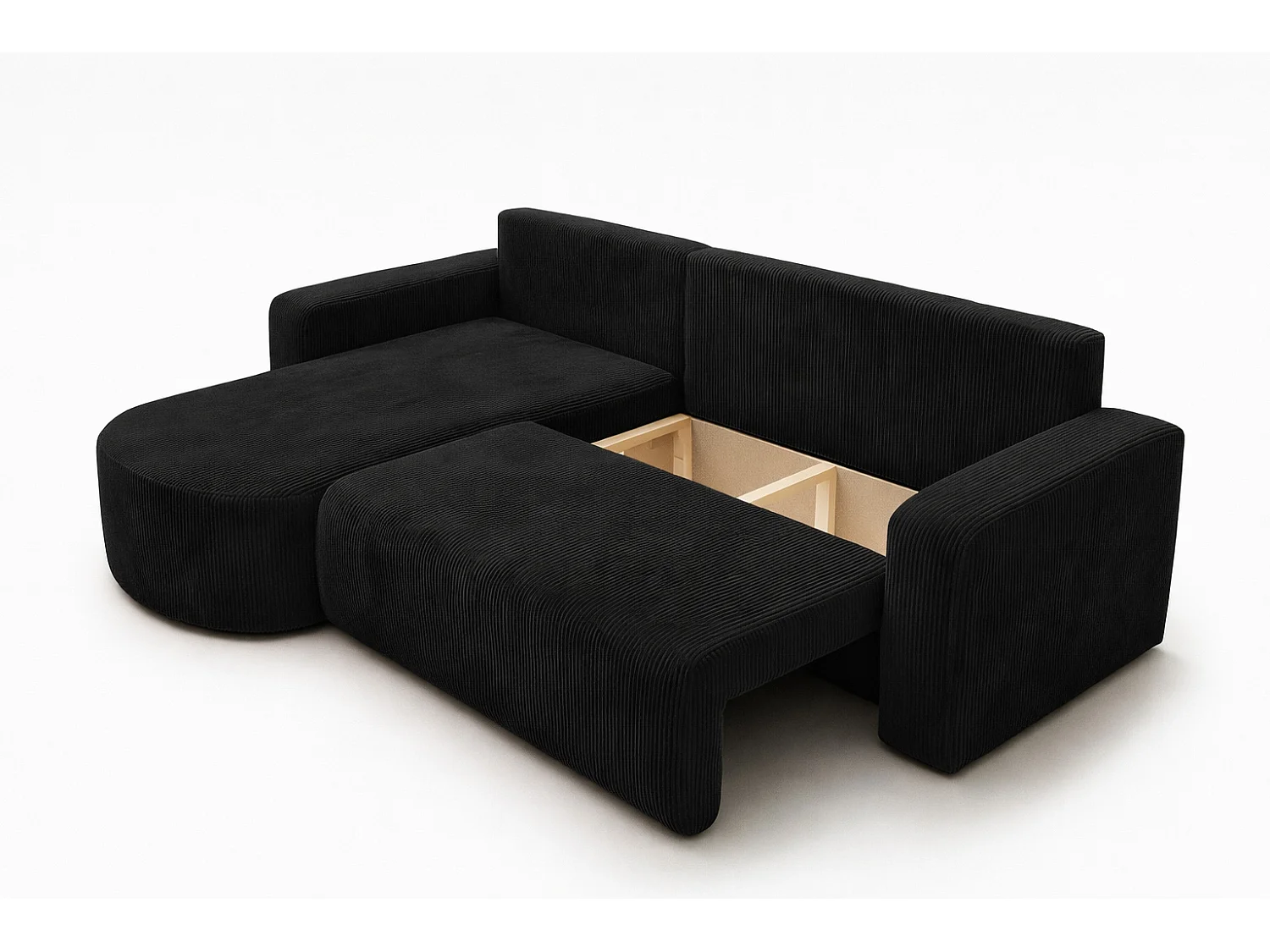 Canapé d’angle avec fonction couchage, tissu en velours côtelé Poso, Noir, Gauche, ROUND ONE XL