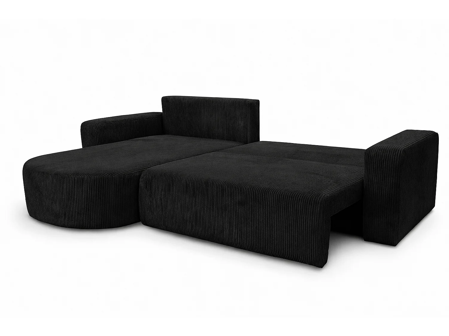 Canapé d’angle avec fonction couchage, tissu en velours côtelé Poso, Noir, Gauche, ROUND ONE XL