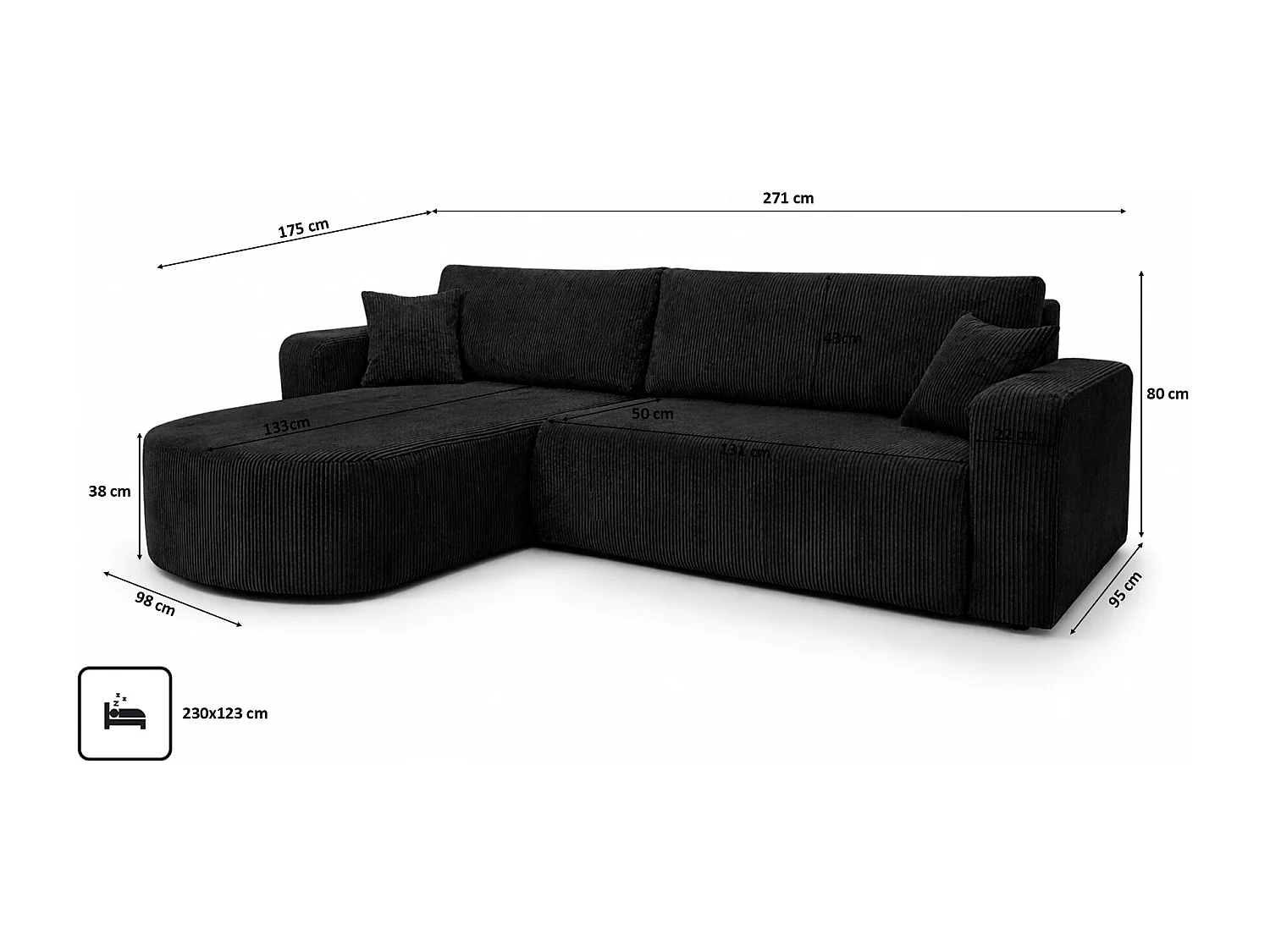 Canapé d’angle avec fonction couchage, tissu en velours côtelé Poso, Noir, Gauche, ROUND ONE XL