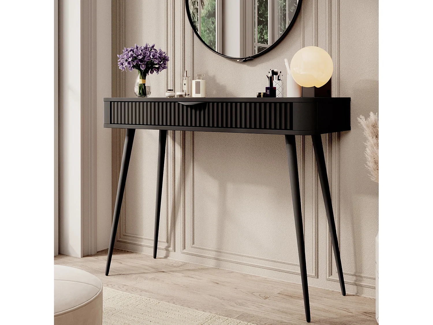 Kaptafel Console Flore met Geroffelde Lade en Zwarte Metalen Poten - Zwart