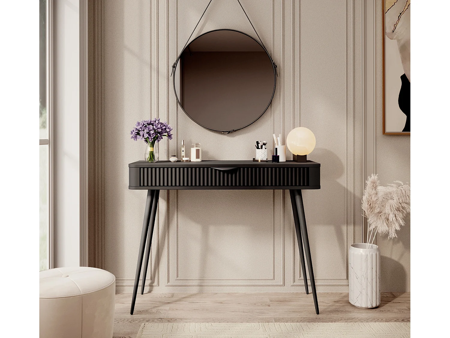 Kaptafel Console Flore met Geroffelde Lade en Zwarte Metalen Poten - Zwart