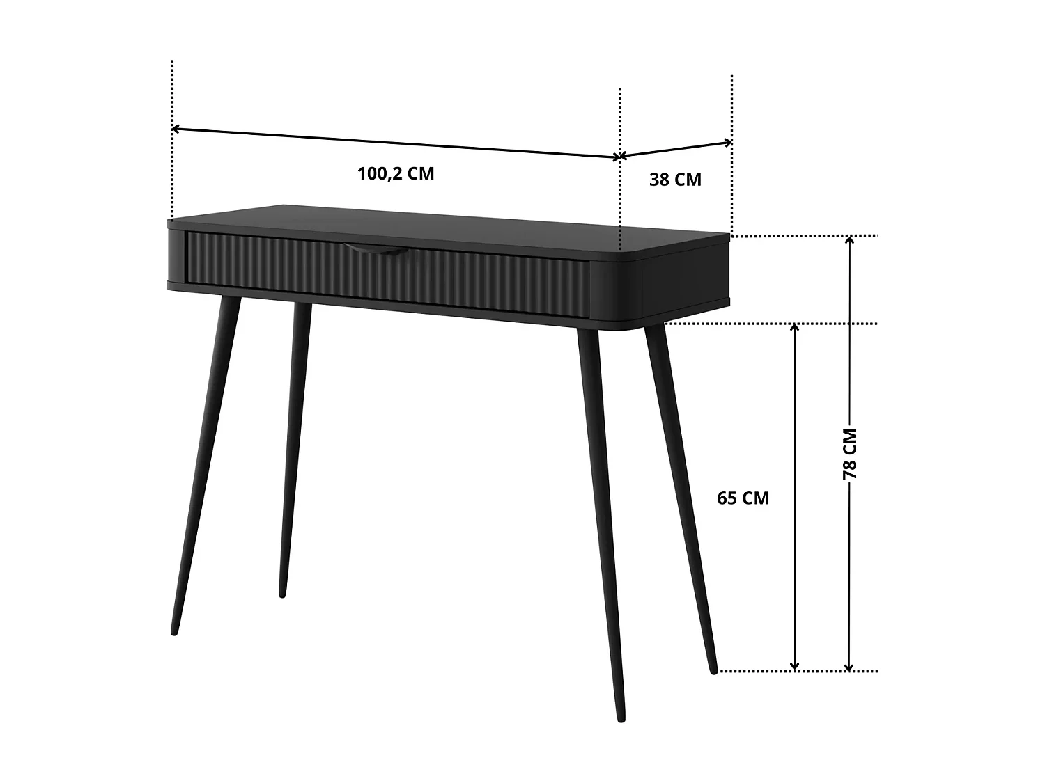 Kaptafel Console Flore met Geroffelde Lade en Zwarte Metalen Poten - Zwart