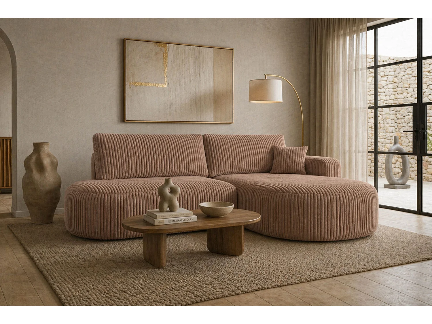 Canapé d’angle convertible avec coffre de rangement, tissu côtelé Tilia, Marron, Droite, ROUND ONE OPEN XL