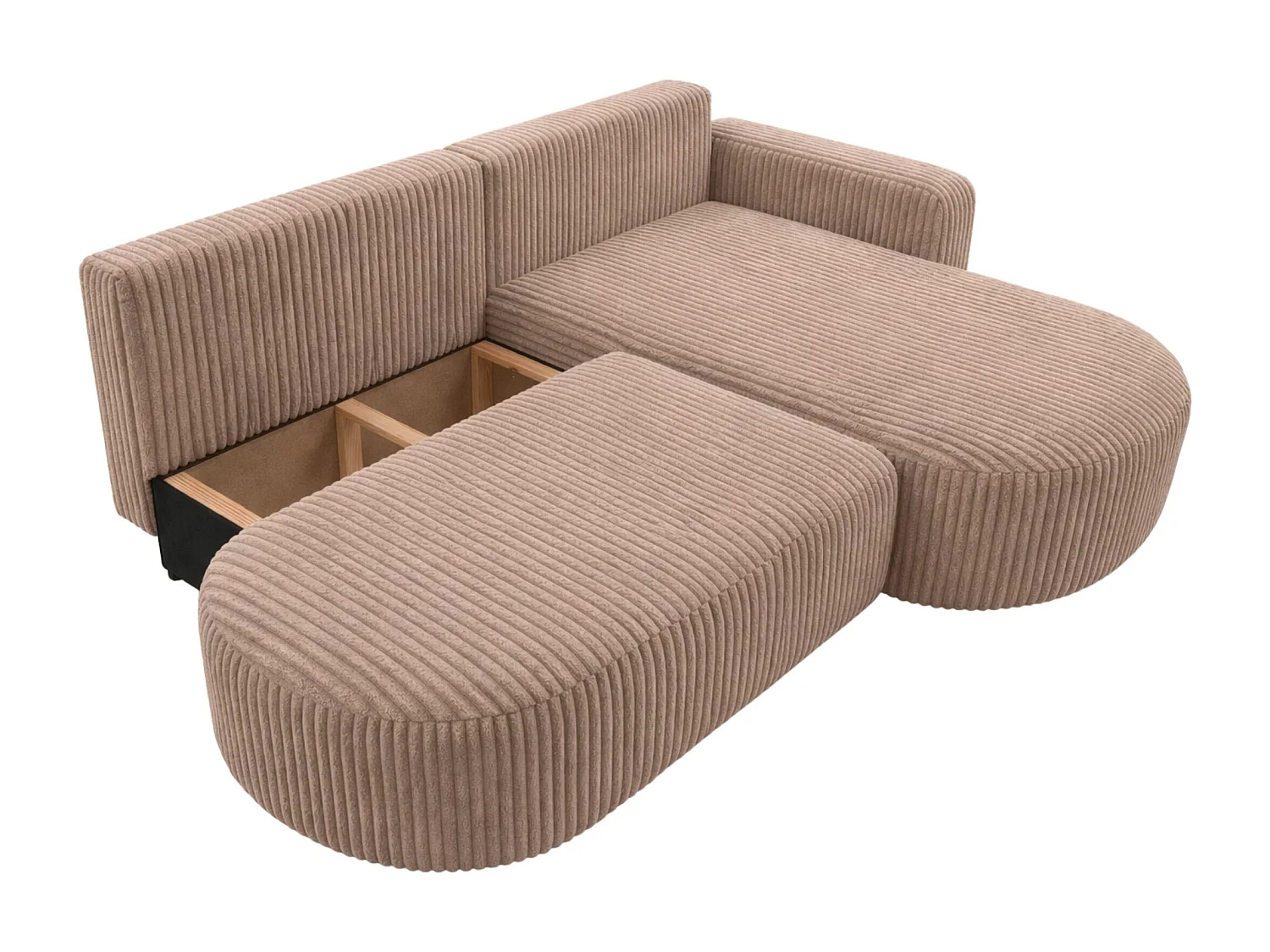Canapé d’angle convertible avec coffre de rangement, tissu côtelé Tilia, Marron, Droite, ROUND ONE OPEN XL