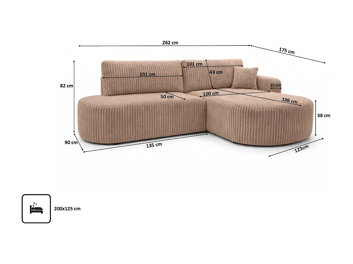 Canapé d’angle convertible avec coffre de rangement, tissu côtelé Tilia, Marron, Droite, ROUND ONE OPEN XL