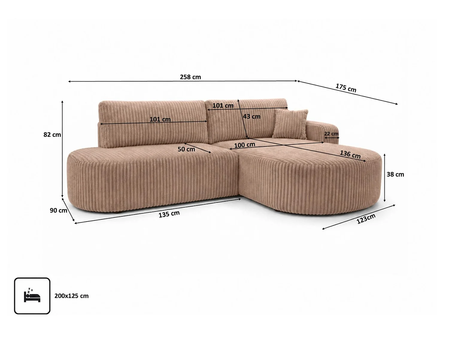Divano angolare con funzione letto e contenitore, tessuto a coste Tilia, Marrone, Destro, ROUND ONE OPEN XL