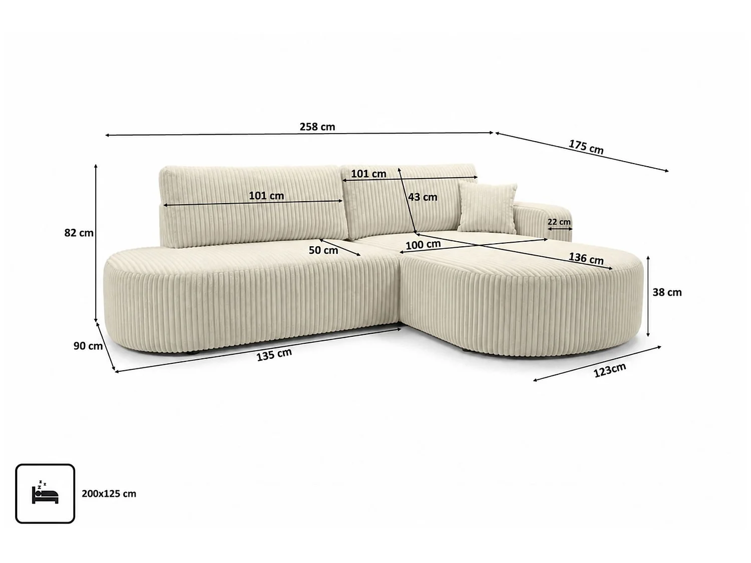 Canapé d'angle droit convertible 4 places avec coffre en tissu côtelé vert ONE