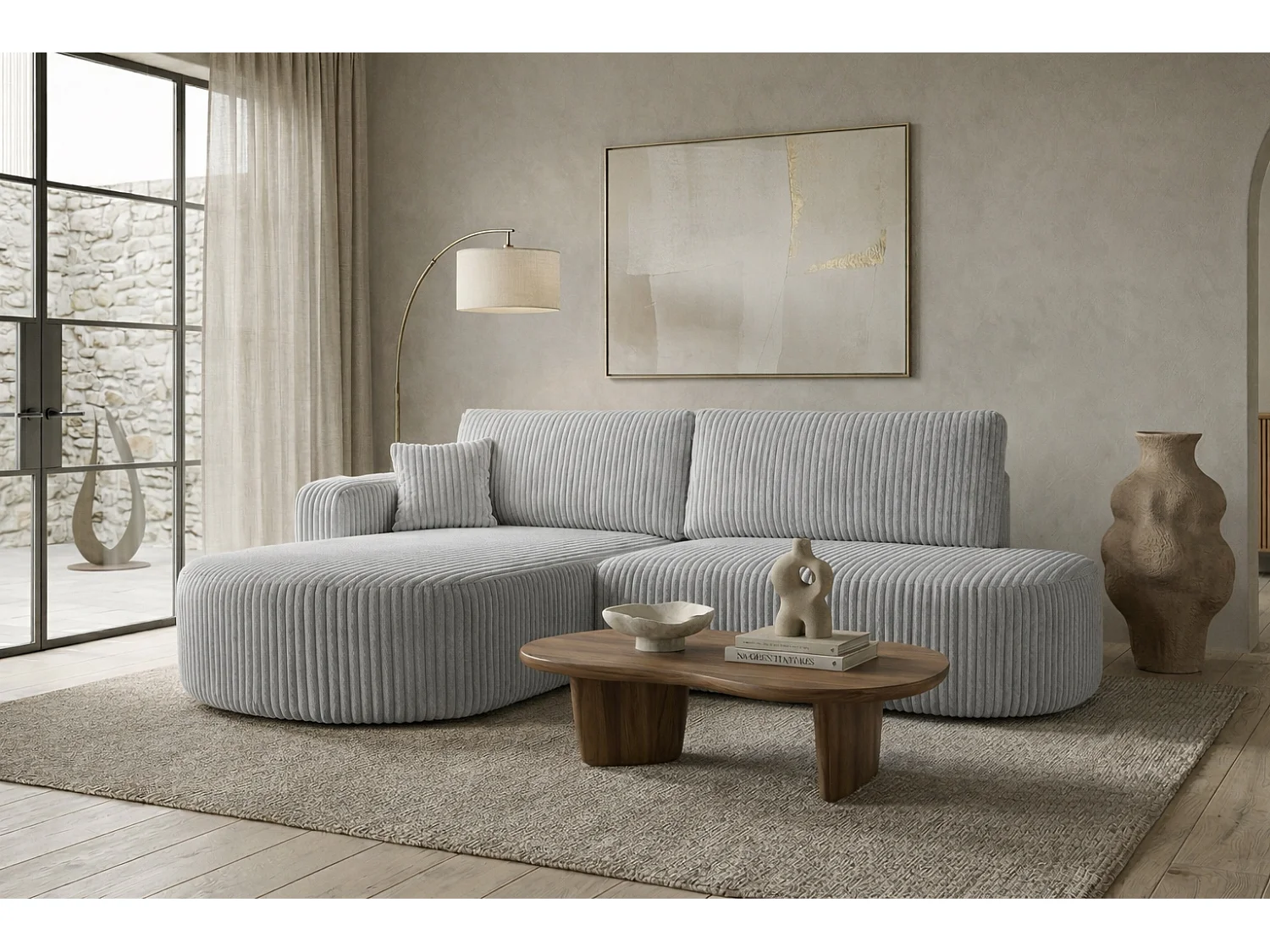 Canapé d’angle convertible avec coffre de rangement, tissu côtelé Tilia, Gris, Gauche, ROUND ONE OPEN XL