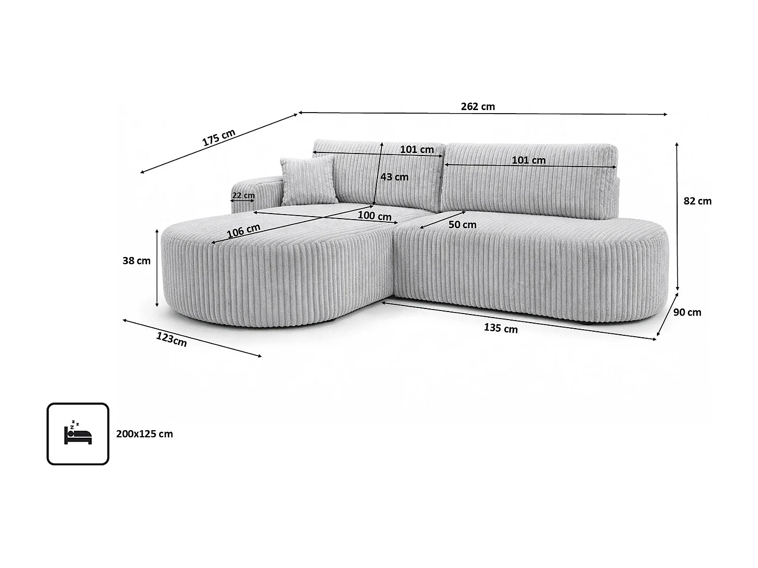 Canapé d’angle convertible avec coffre de rangement, tissu côtelé Tilia, Gris, Gauche, ROUND ONE OPEN XL