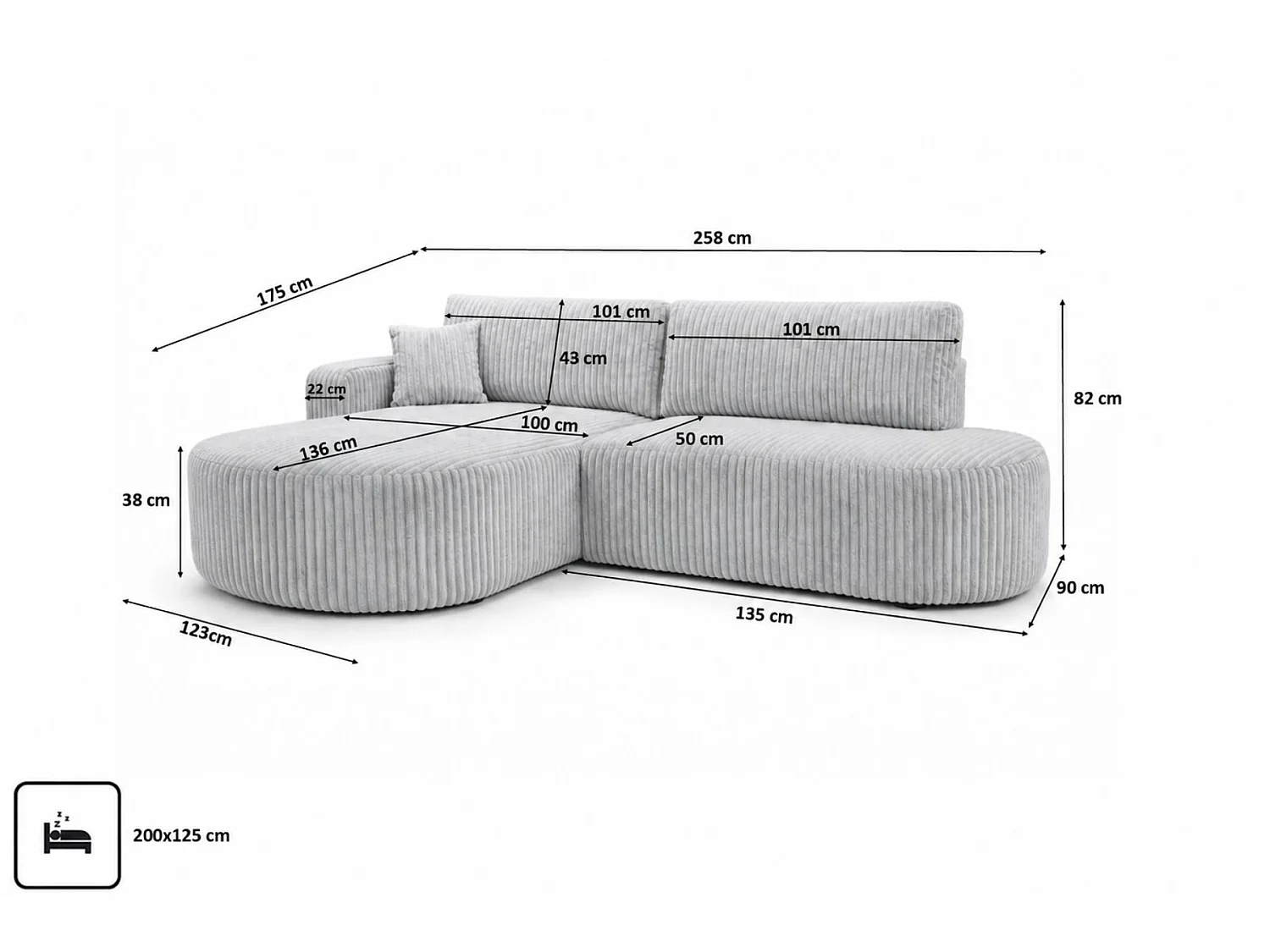 Ecksofa mit Schlaffunktion und Bettkasten, Cordstoff Tilia, Grau, Links, ROUND ONE OPEN XL