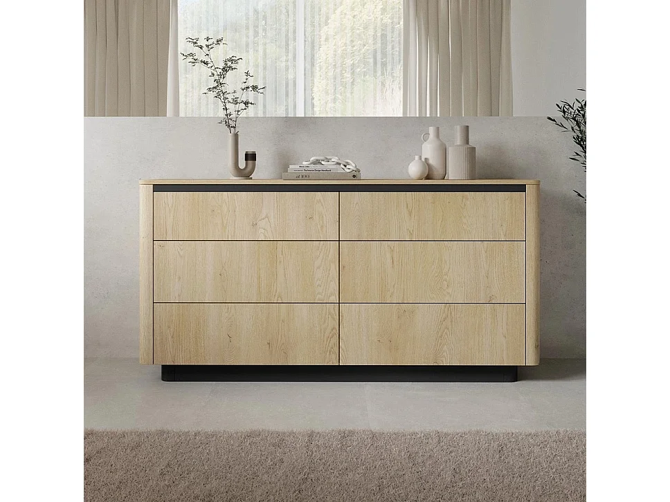 Kommode TORRO 163 cm Eiche Cremona / Schwarz - mit 6 Schubladen, abgerundeten MDF-Leisten