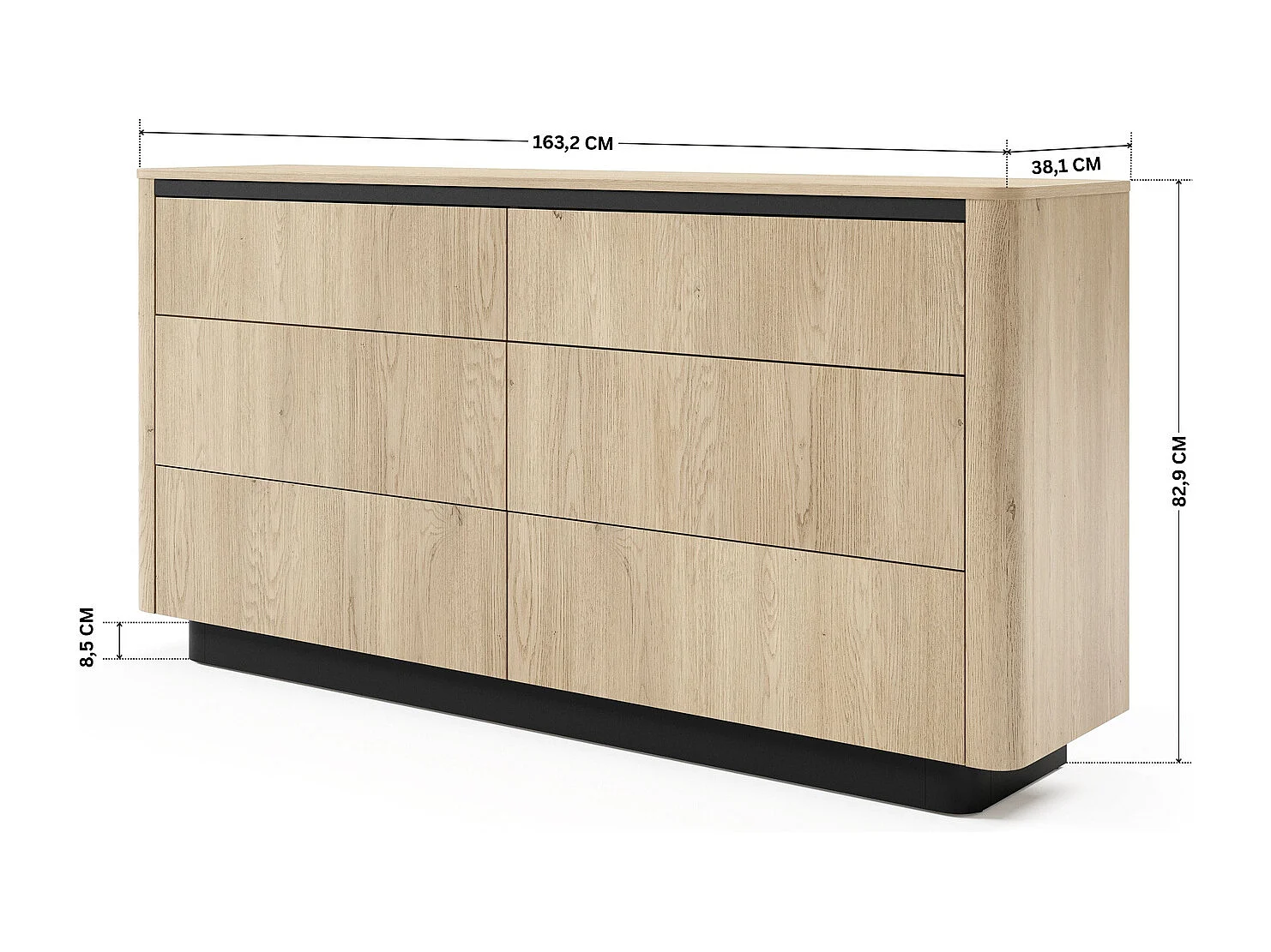 Kommode TORRO 163 cm Eiche Cremona / Schwarz - mit 6 Schubladen, abgerundeten MDF-Leisten