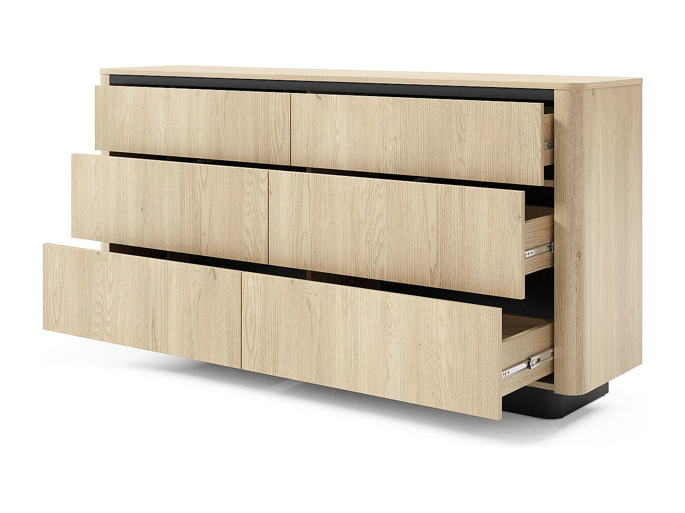 Kommode TORRO 163 cm Eiche Cremona / Schwarz - mit 6 Schubladen, abgerundeten MDF-Leisten