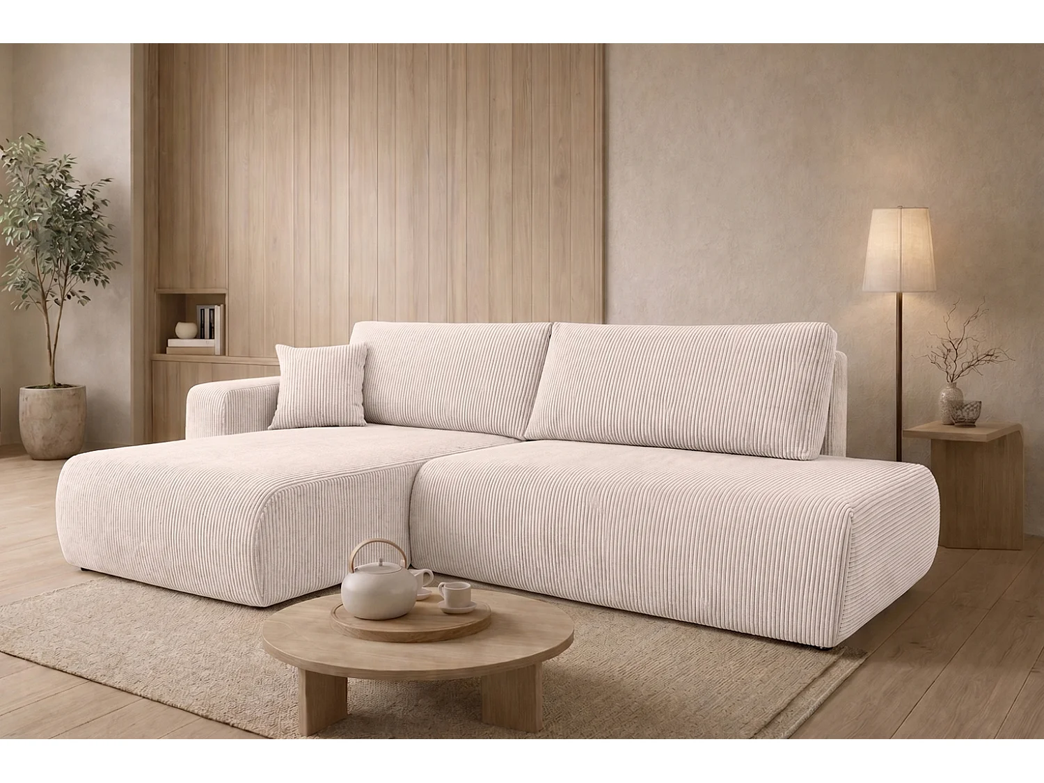 Canapé d’angle avec fonction couchage et coffre de rangement, tissu en velours côtelé Poso, Beige, Gauche, OPEN XL