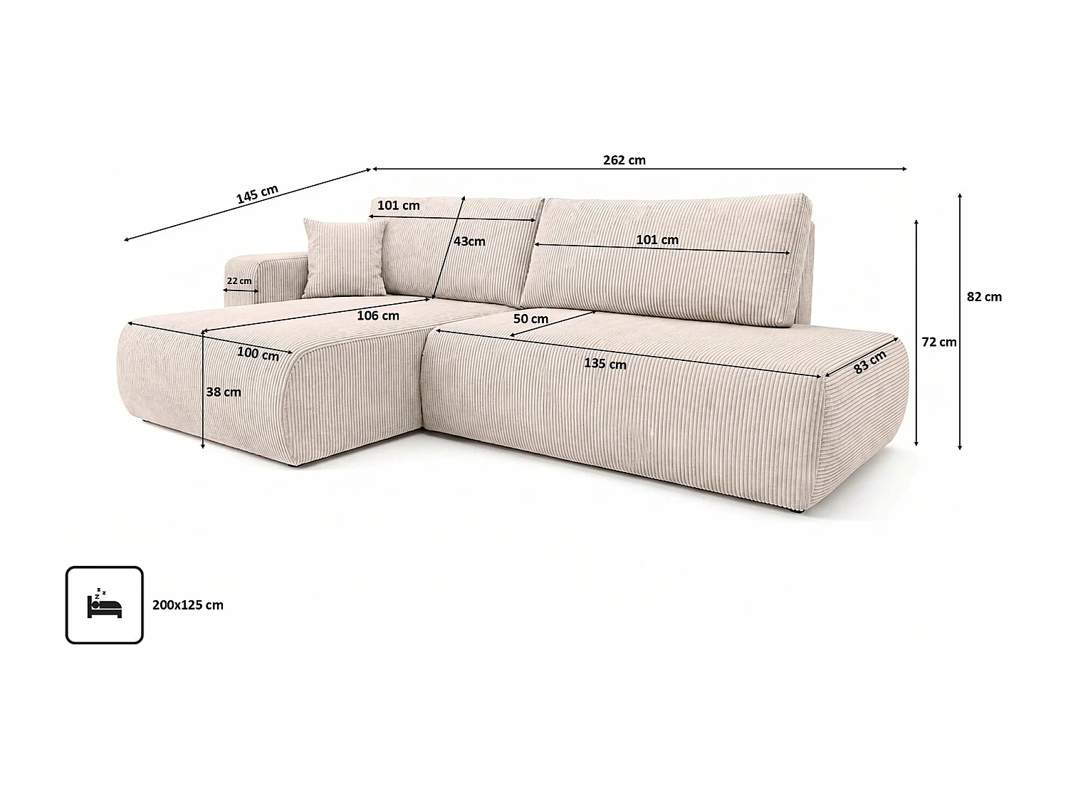 Canapé d’angle avec fonction couchage et coffre de rangement, tissu en velours côtelé Poso, Beige, Gauche, OPEN XL
