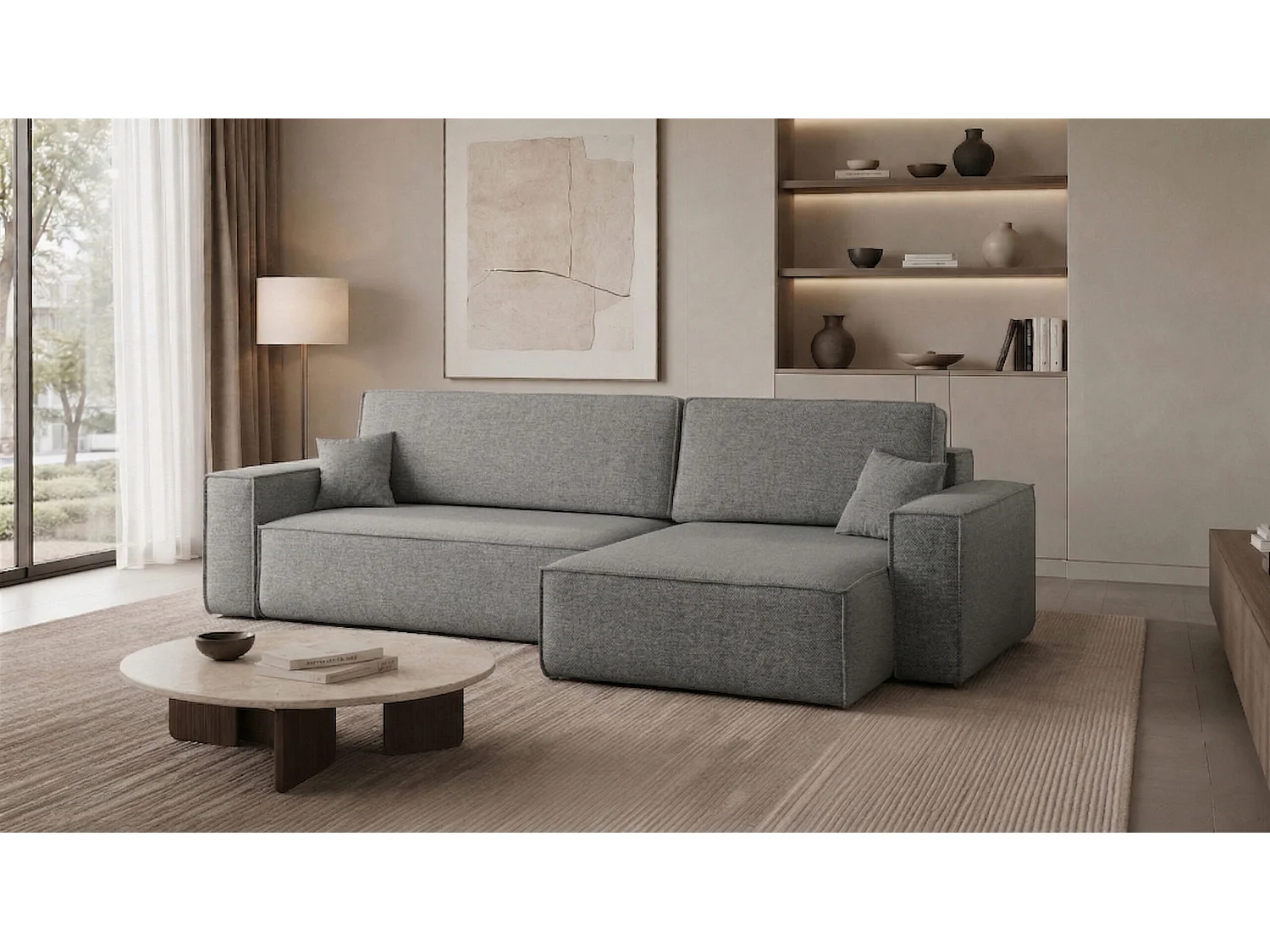 Canapé d’angle en L avec fonction couchage et coffre de rangement, tissu Verita, Acier, Droite, BEST XL