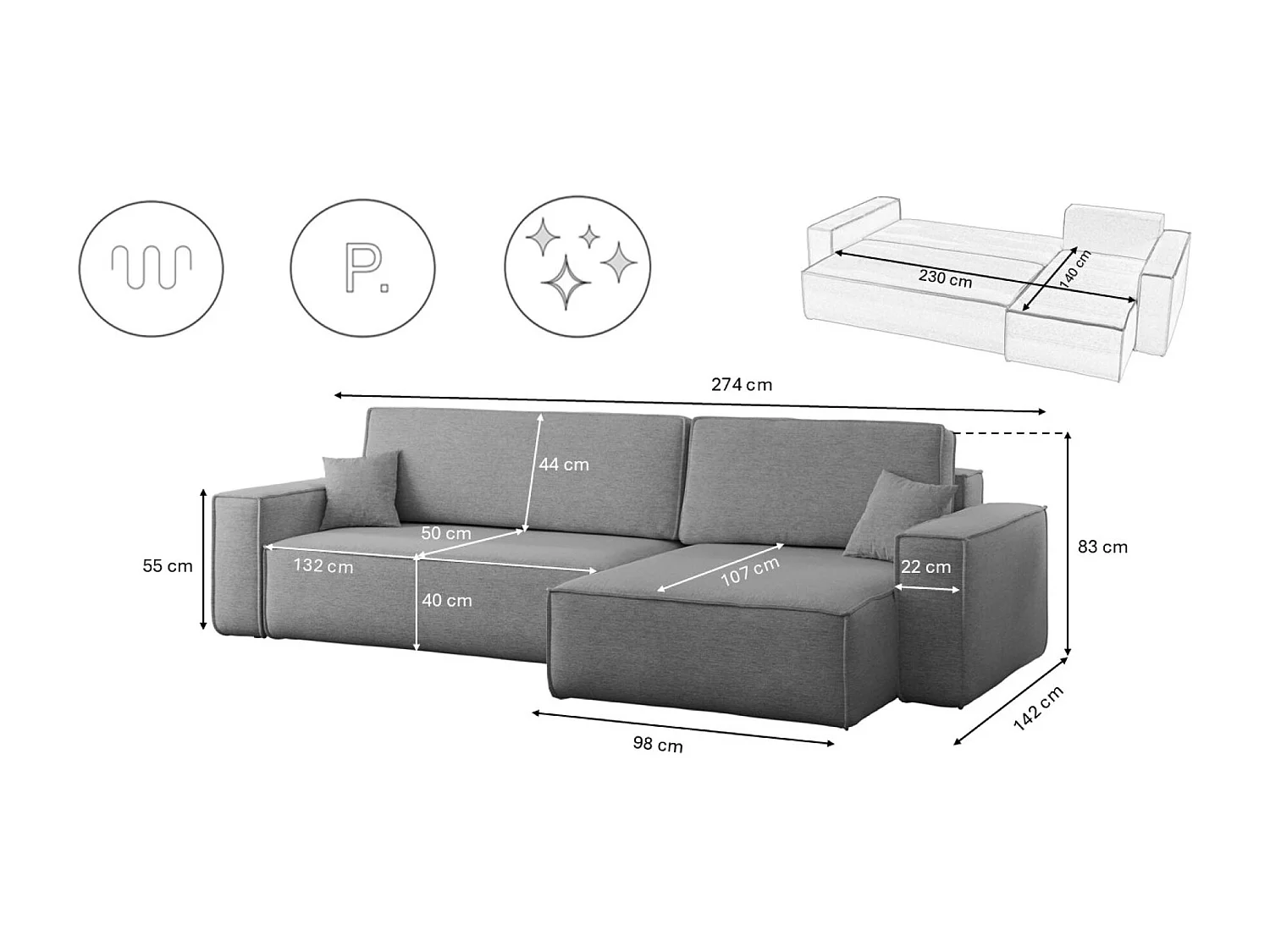 Canapé d’angle en L avec fonction couchage et coffre de rangement, tissu Verita, Acier, Droite, BEST XL