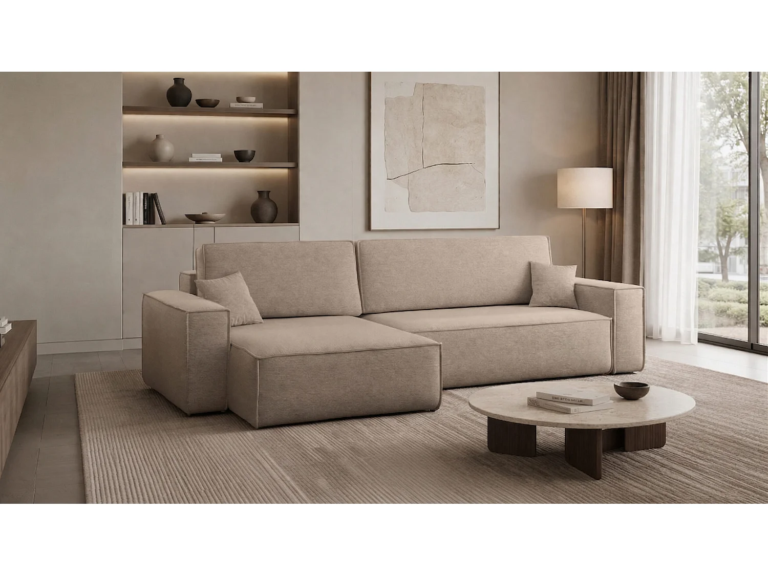 Ecksofa L-Form mit Schlaffunktion und Bettkasten, Stoff Verita, Warmbeige, Links, BEST XL