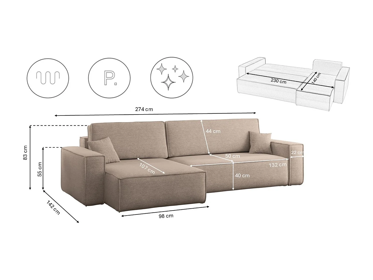Ecksofa L-Form mit Schlaffunktion und Bettkasten, Stoff Verita, Warmbeige, Links, BEST XL