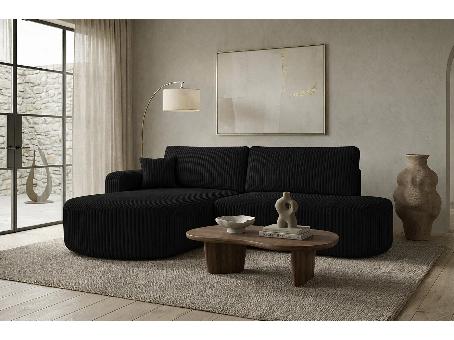 Canapé d’angle convertible avec coffre de rangement, tissu côtelé Tilia, Noir, Gauche, ROUND ONE OPEN XL