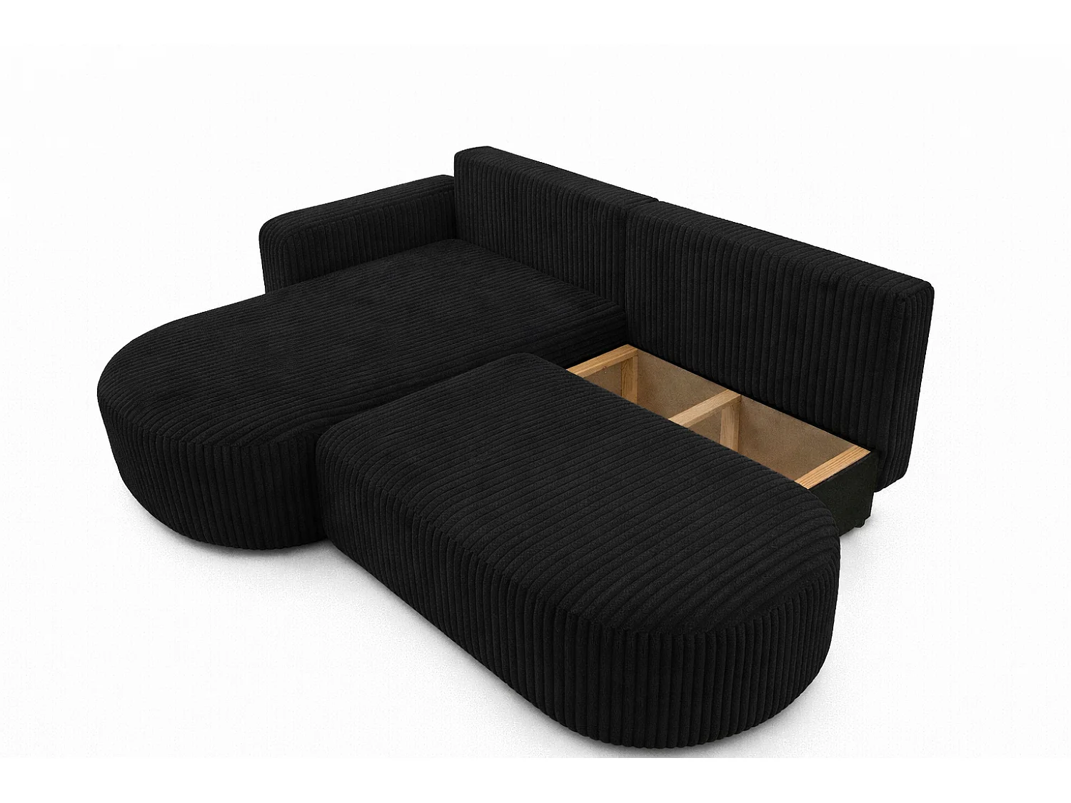 Canapé d’angle convertible avec coffre de rangement, tissu côtelé Tilia, Noir, Gauche, ROUND ONE OPEN XL