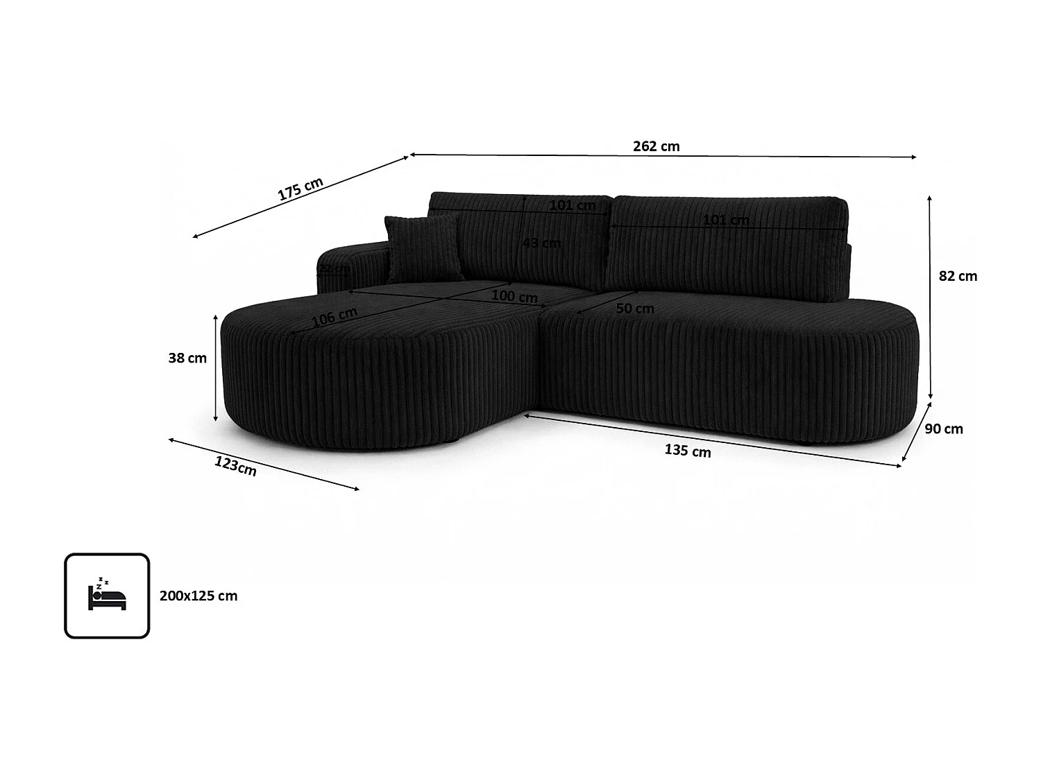 Canapé d’angle convertible avec coffre de rangement, tissu côtelé Tilia, Noir, Gauche, ROUND ONE OPEN XL