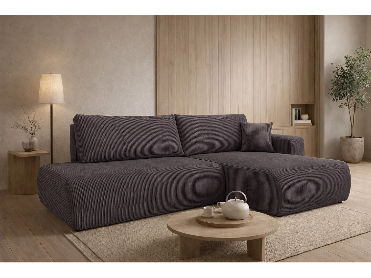 Canapé d’angle avec fonction couchage et coffre de rangement, tissu en velours côtelé Poso, Gris foncé, Droite, OPEN XL