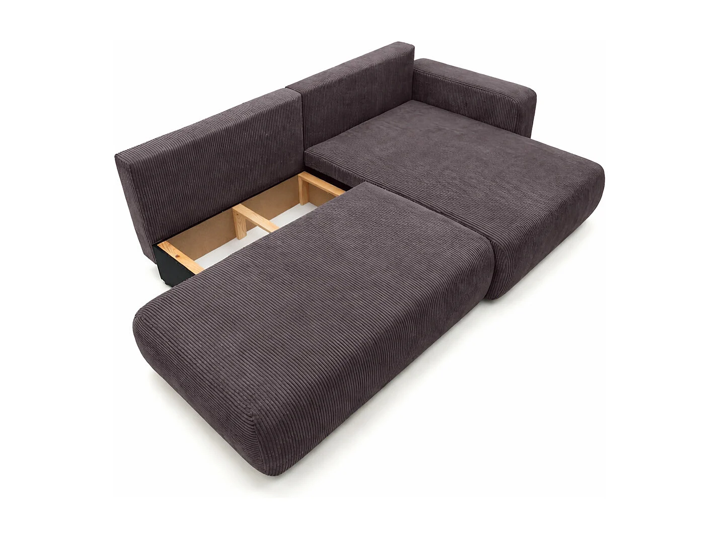 Canapé d’angle avec fonction couchage et coffre de rangement, tissu en velours côtelé Poso, Gris foncé, Droite, OPEN XL