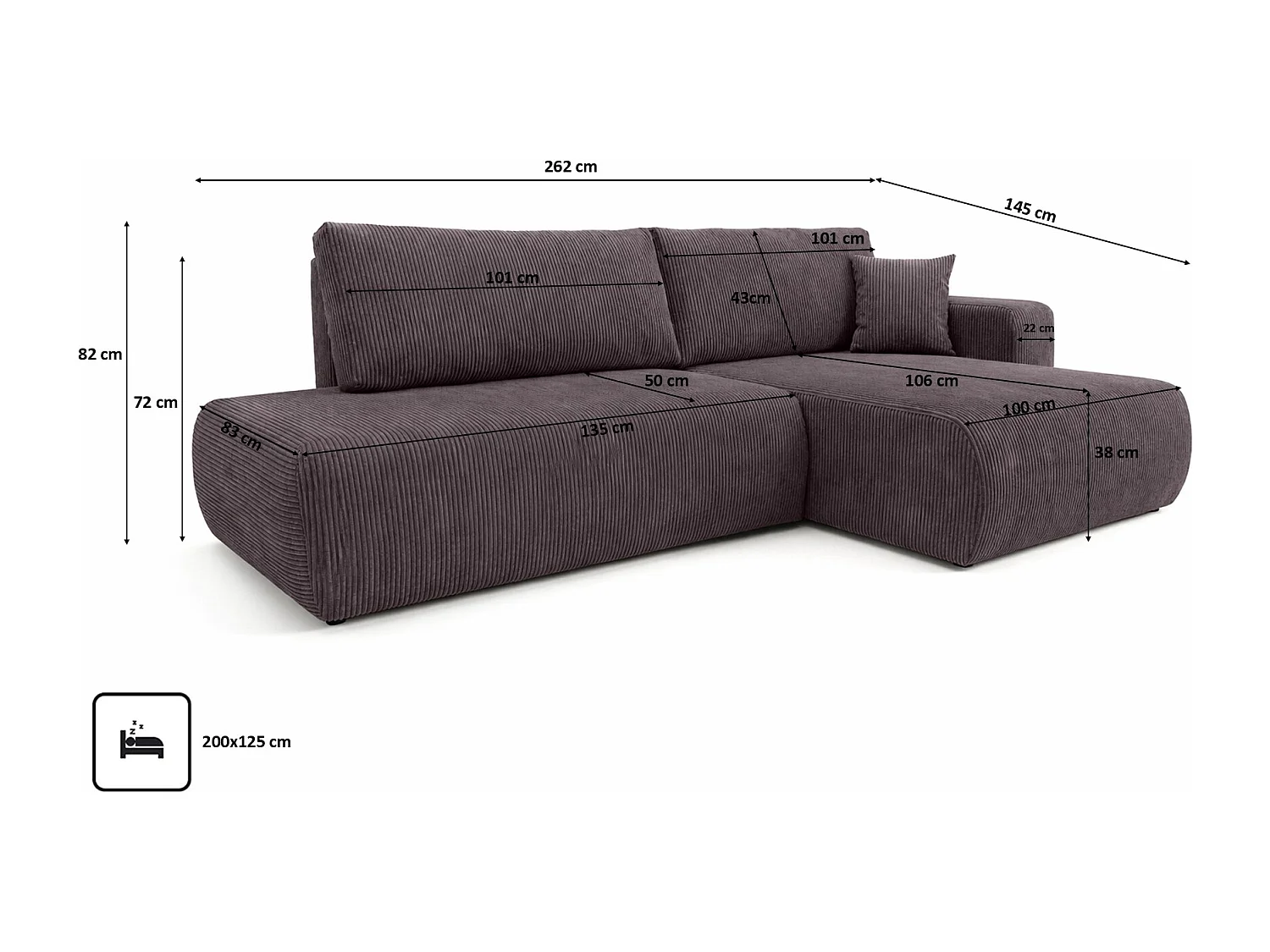 Canapé d’angle avec fonction couchage et coffre de rangement, tissu en velours côtelé Poso, Gris foncé, Droite, OPEN XL