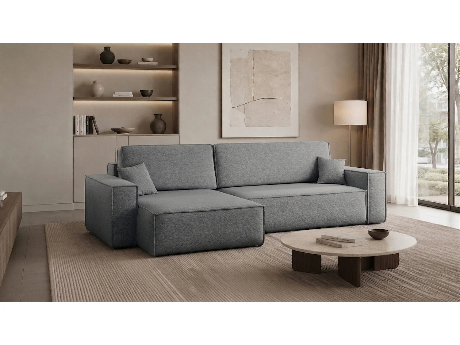Canapé d’angle en L avec fonction couchage et coffre de rangement, tissu Verita, Gris, Gauche, BEST XL