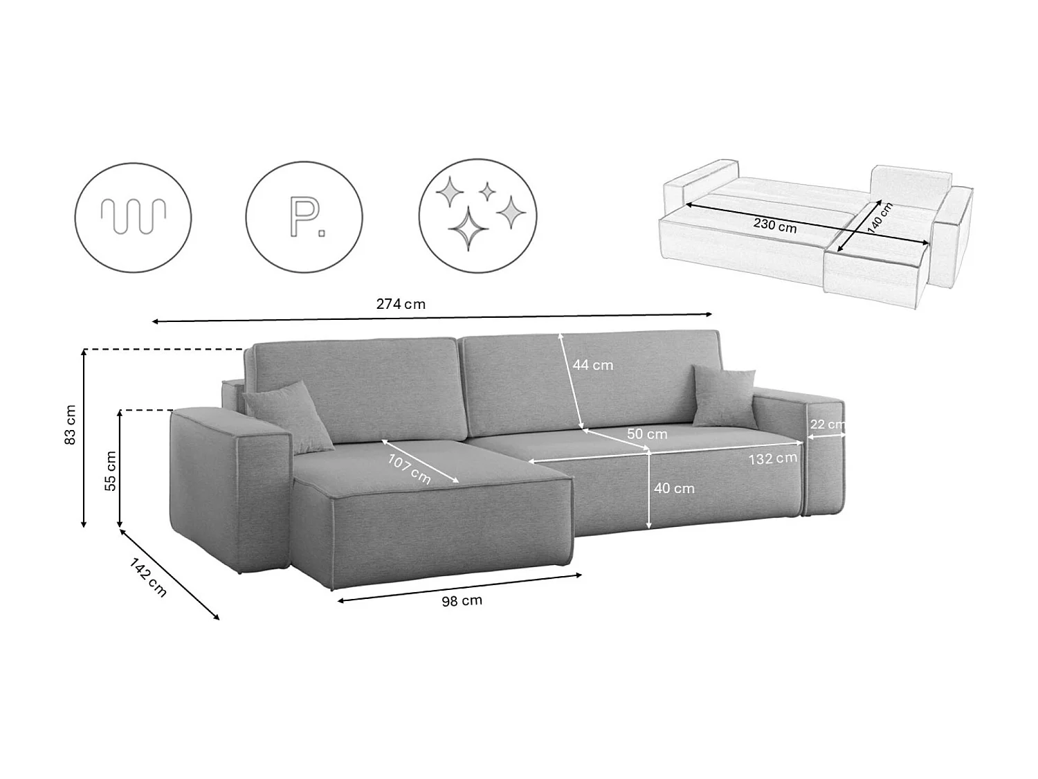 Canapé d’angle en L avec fonction couchage et coffre de rangement, tissu Verita, Gris, Gauche, BEST XL