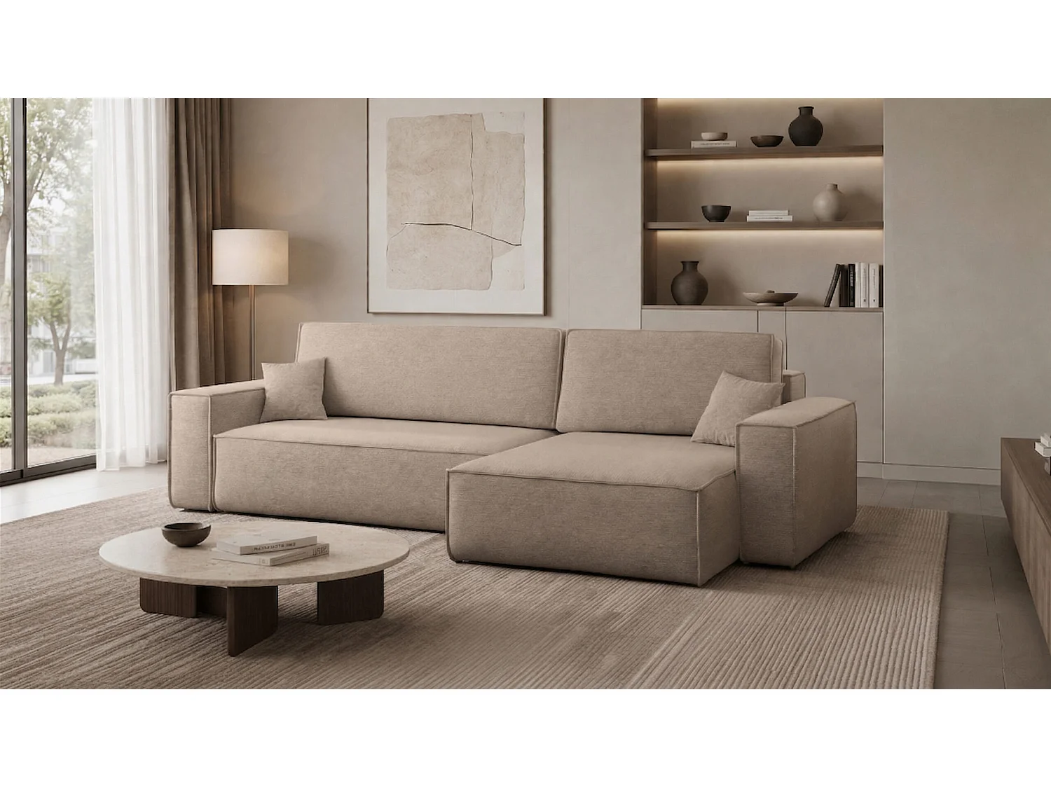 Canapé d’angle en L avec fonction couchage et coffre de rangement, tissu Verita, Beige chaud, Droite, BEST XL