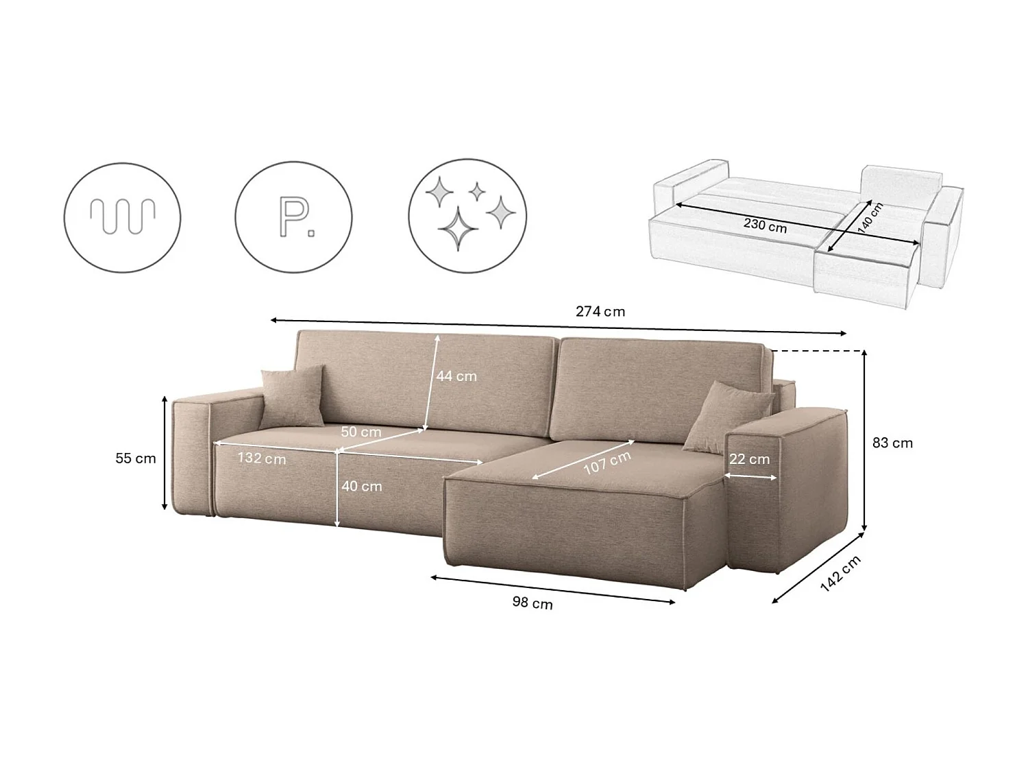 Canapé d’angle en L avec fonction couchage et coffre de rangement, tissu Verita, Beige chaud, Droite, BEST XL